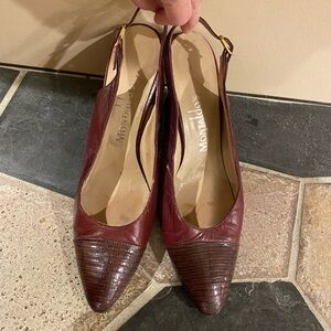 Vintage Montaldo’s Snakeskin Leather Slingback Pumps Burgundy 10AAAA (Narrow)